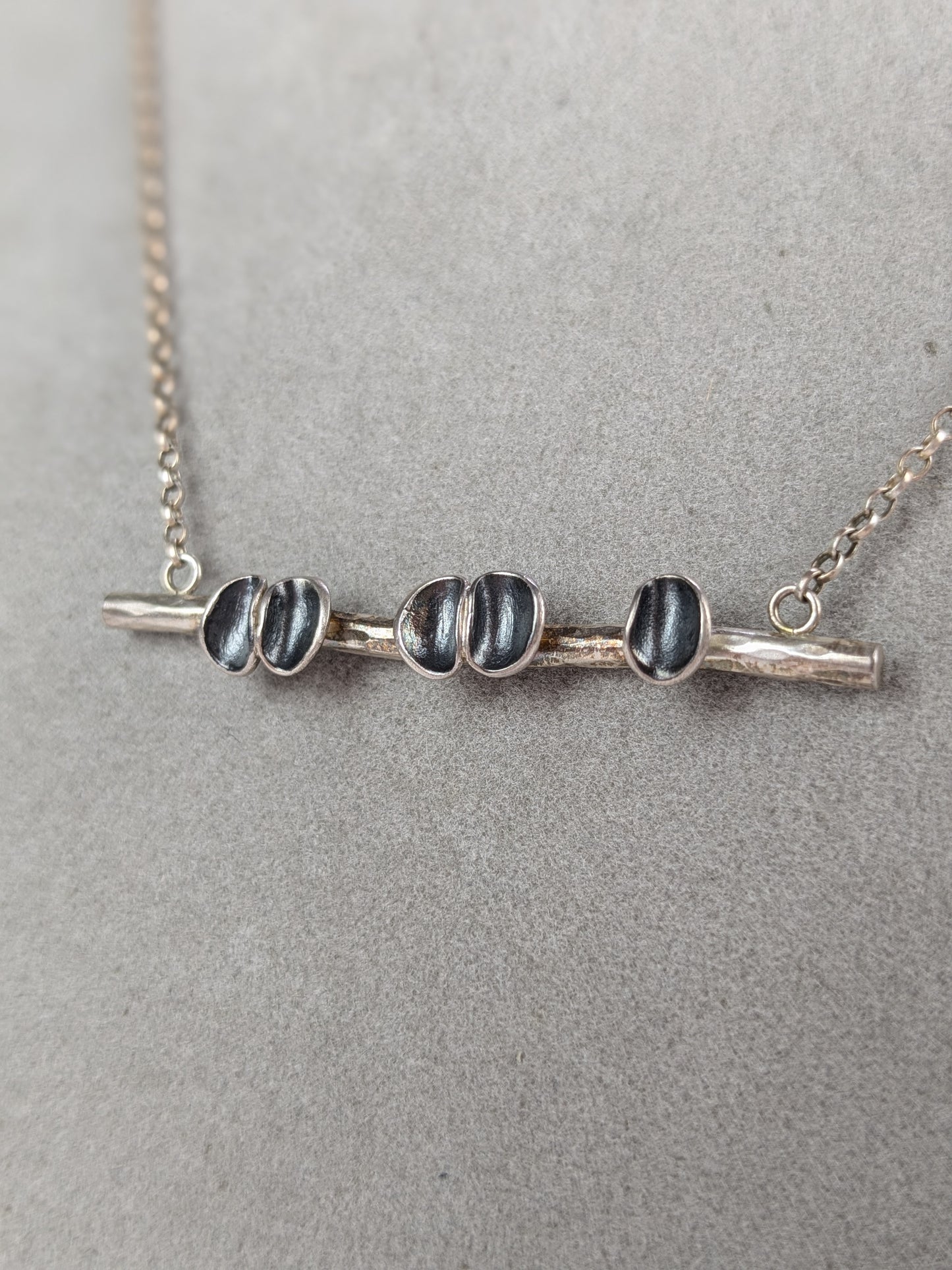 Wall, Jenifer – Oxidised Silver pods on bar Necklace
