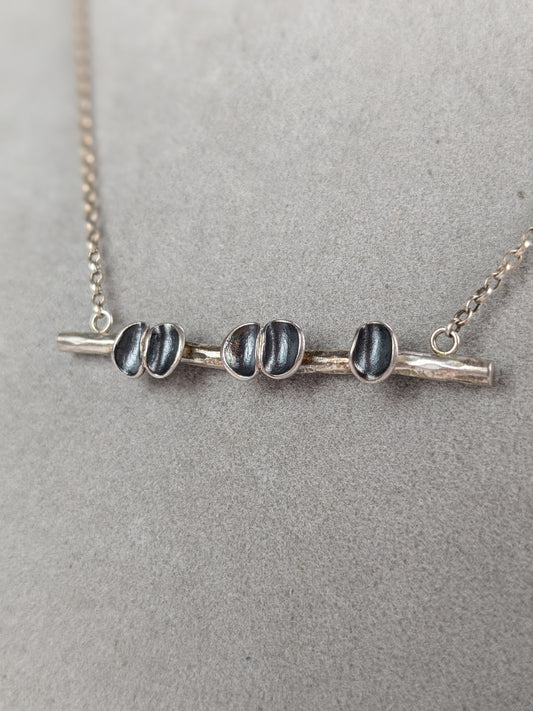 Wall, Jenifer – Oxidised Silver pods on bar Necklace